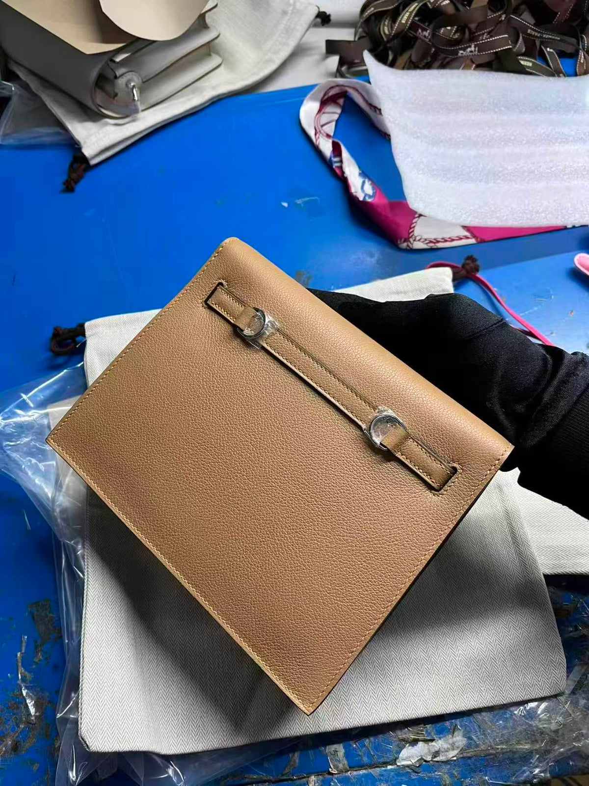 Hermes Kelly Danse 22 Tan Brown in Calfskin Silver Hardware Bag