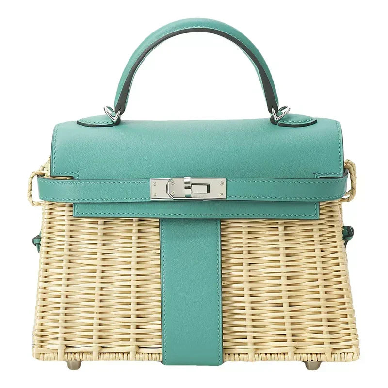 Hermes Kelly 20cm Jaune de Naples Swift in Turquoise Leather and Wicker Silver Hardware Bag