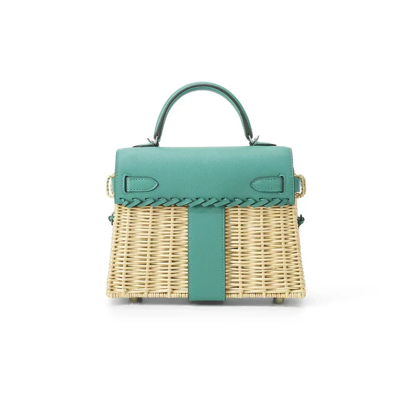 Hermes Kelly 20cm Jaune de Naples Swift in Turquoise Leather and Wicker Silver Hardware Bag