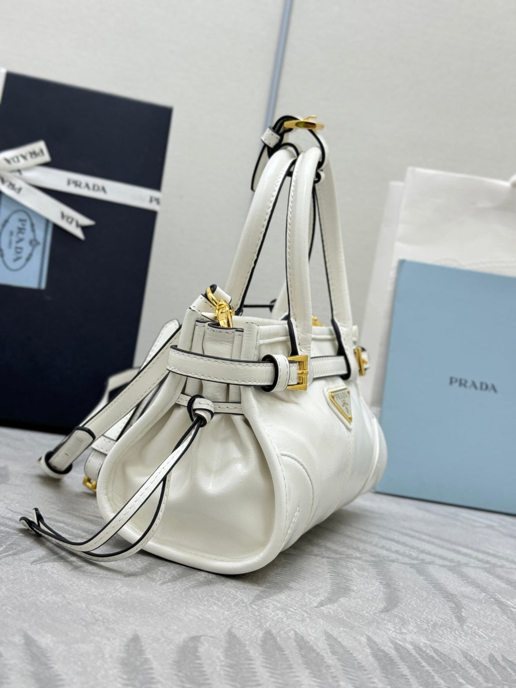 Prada 25S Bonnie Mini Handbag 23 in White Calfskin Gold Hardware