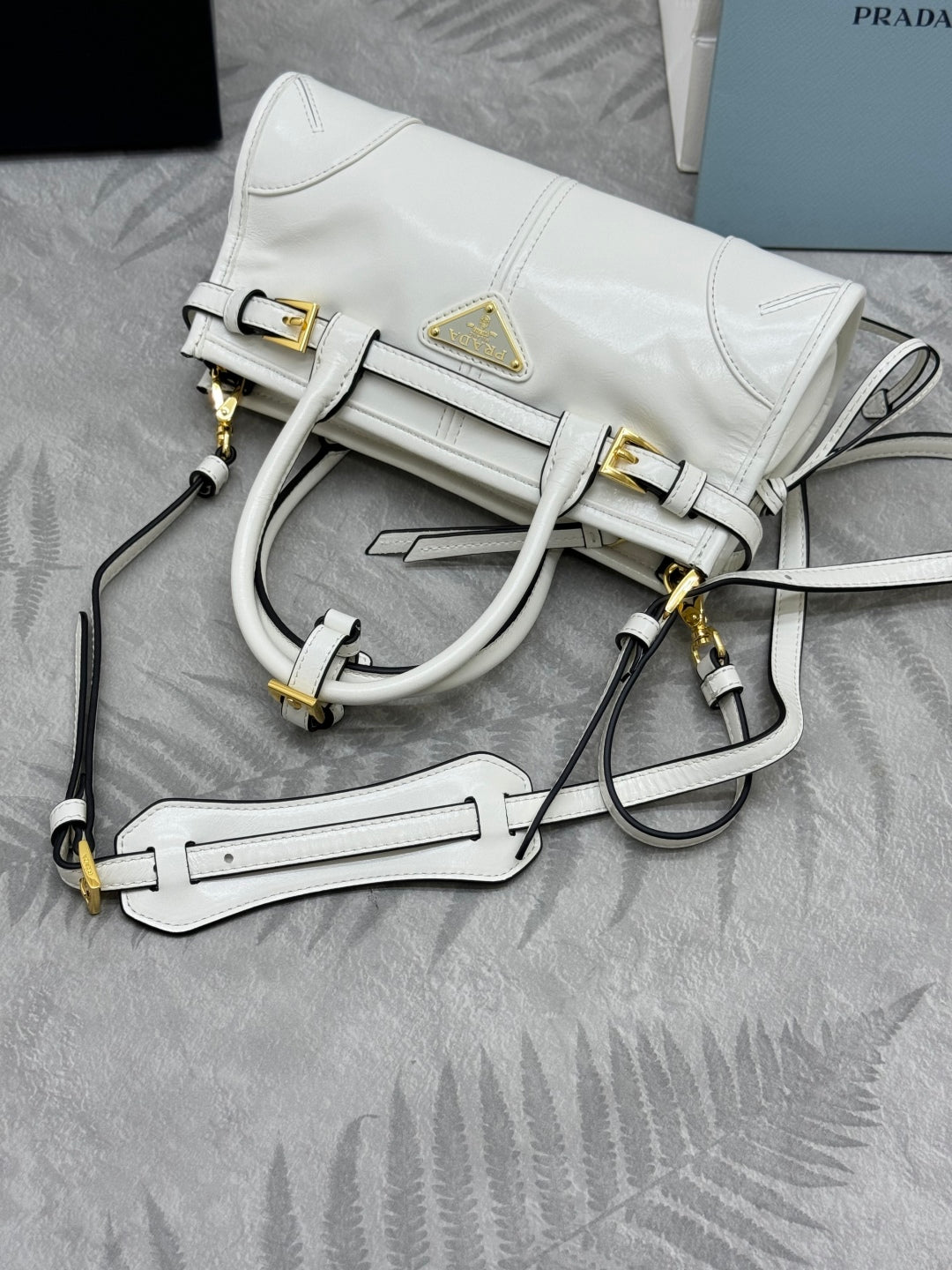 Prada 25S Bonnie Mini Handbag 23 in White Calfskin Gold Hardware