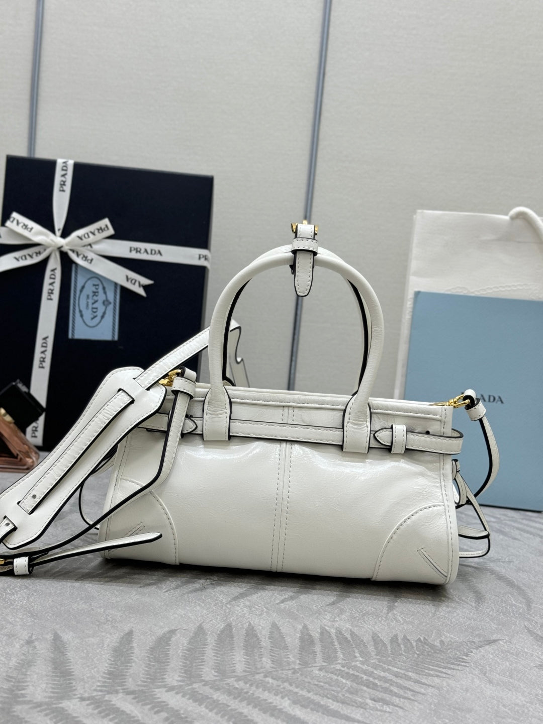 Prada 25S Bonnie Mini Handbag 23 in White Calfskin Gold Hardware