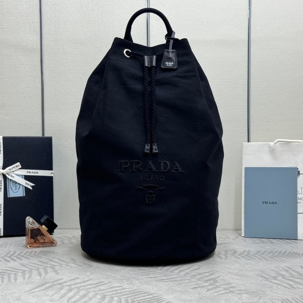 Prada 25S Drawstring Backpack 55 in Black Canvas Linen Silver Hardwre
