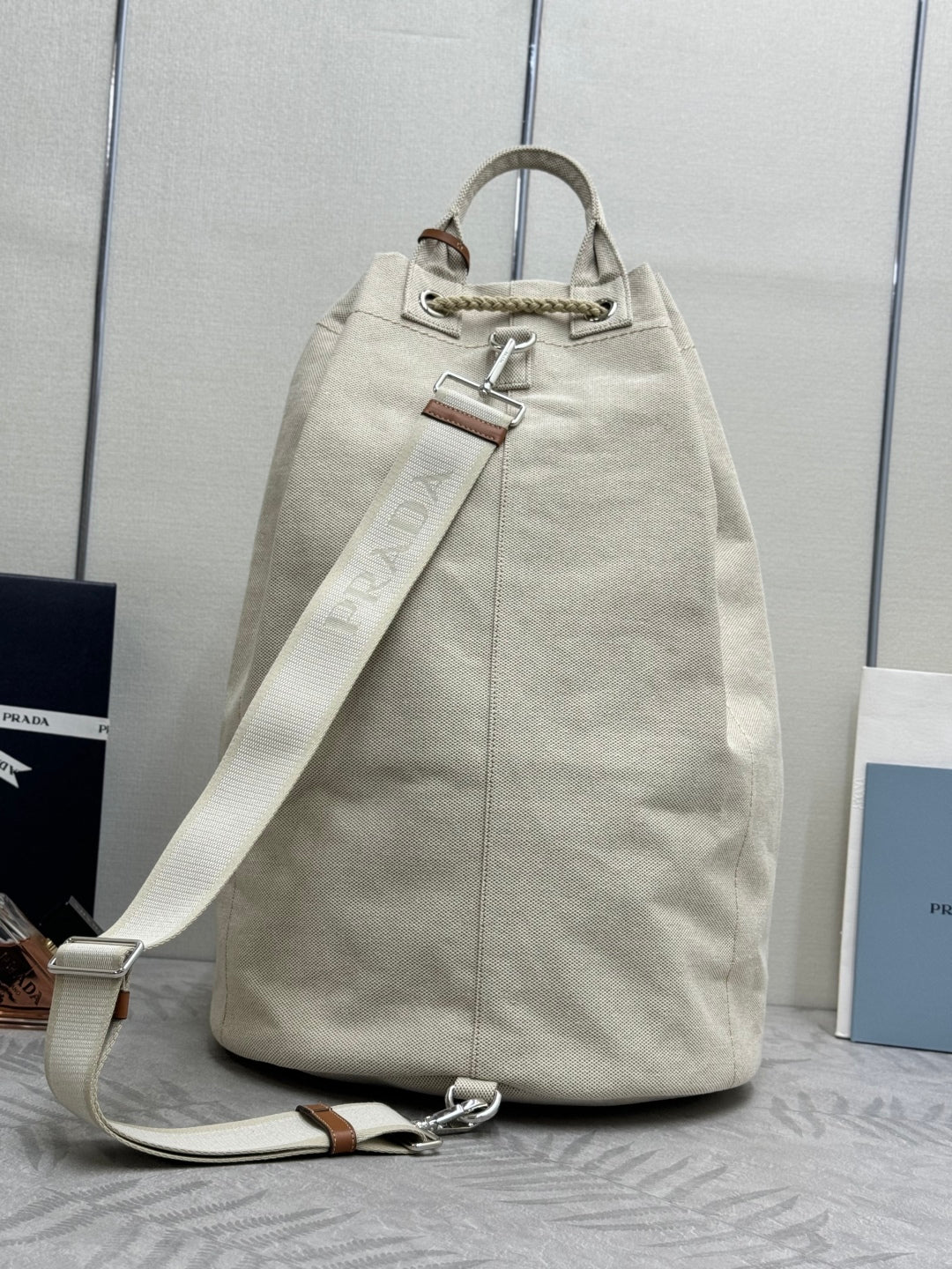 Prada 25S Drawstring Backpack 55 in Beige Canvas Linen Silver Hardwre