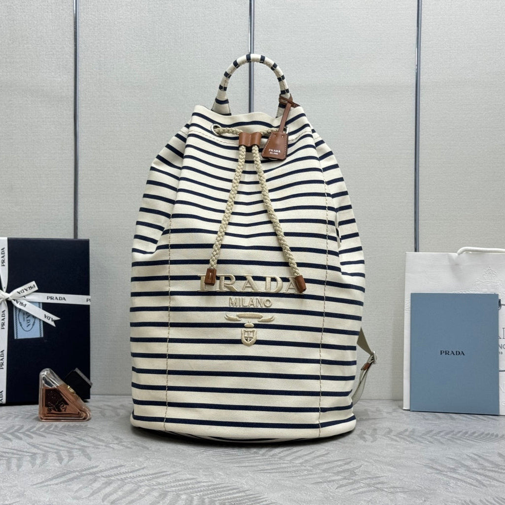 Prada 25S Drawstring Backpack 55 in Horizontal Stripes Canvas Silver Hardware