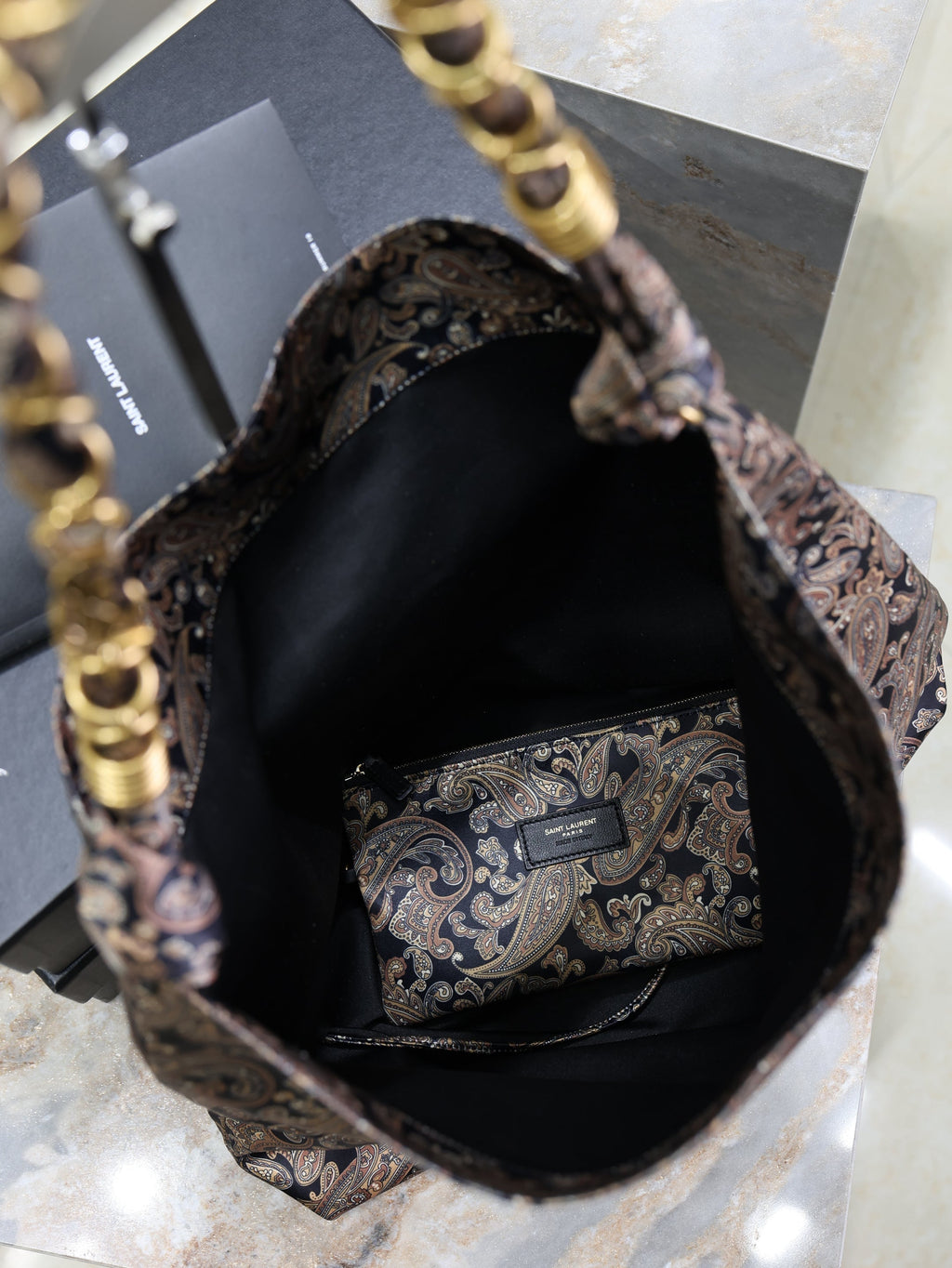 Saint Laurent 25S Amalia 50 in Navy Multicolor Silk Twill Gold Hardwre Bag