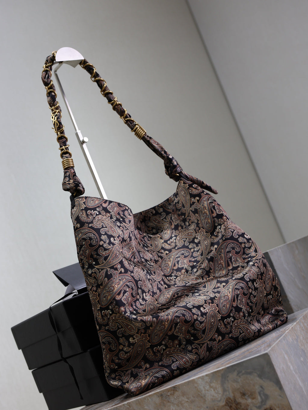 Saint Laurent 25S Amalia 50 in Navy Multicolor Silk Twill Gold Hardwre Bag