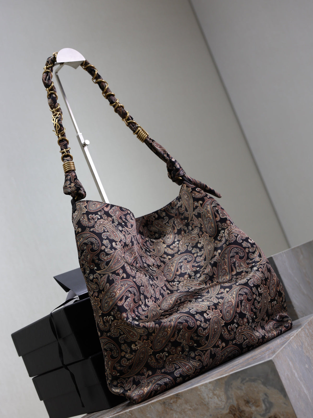 Saint Laurent 25S Amalia 50 in Navy Multicolor Silk Twill Gold Hardwre Bag