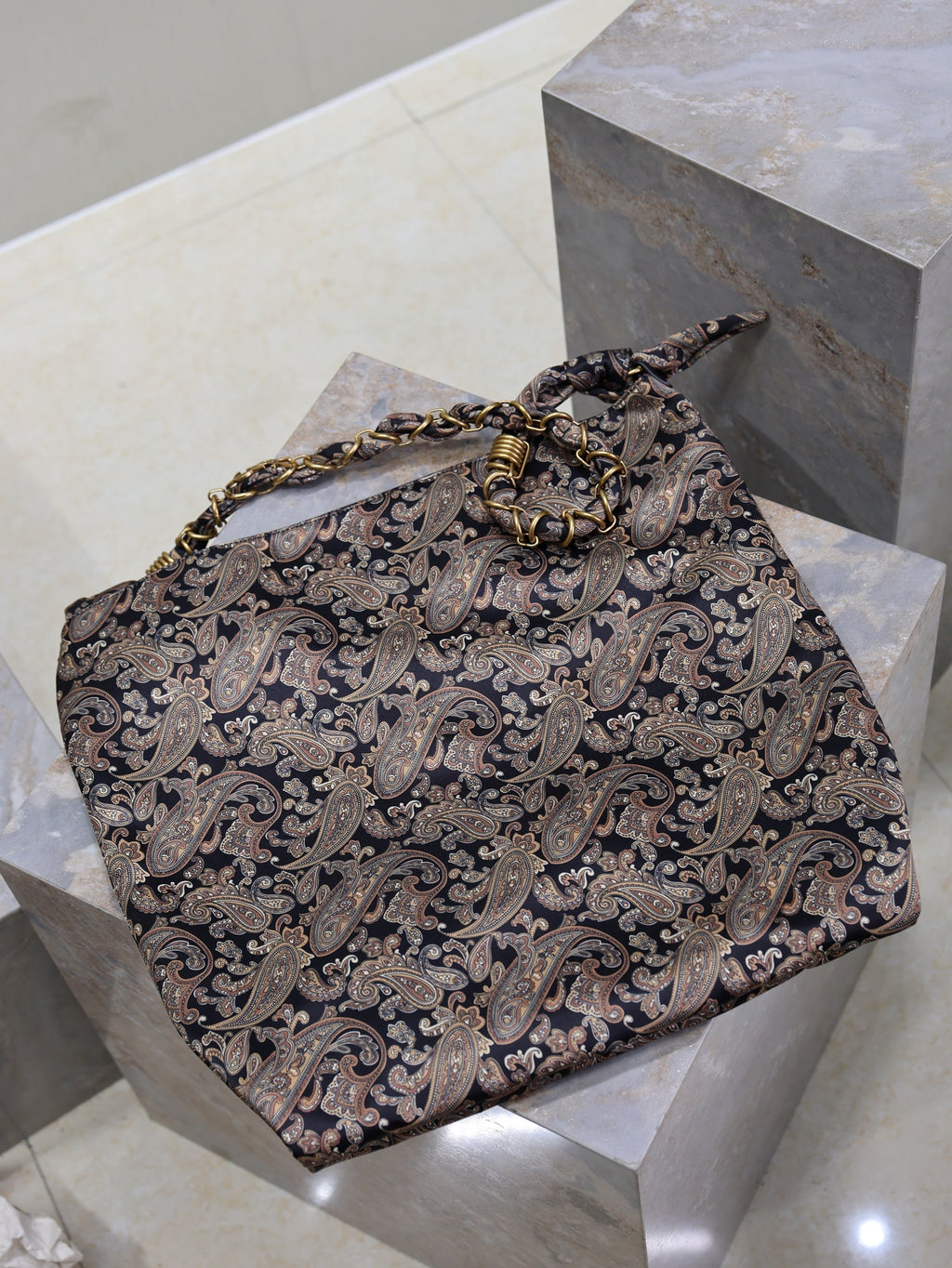 Saint Laurent 25S Amalia 50 in Navy Multicolor Silk Twill Gold Hardwre Bag