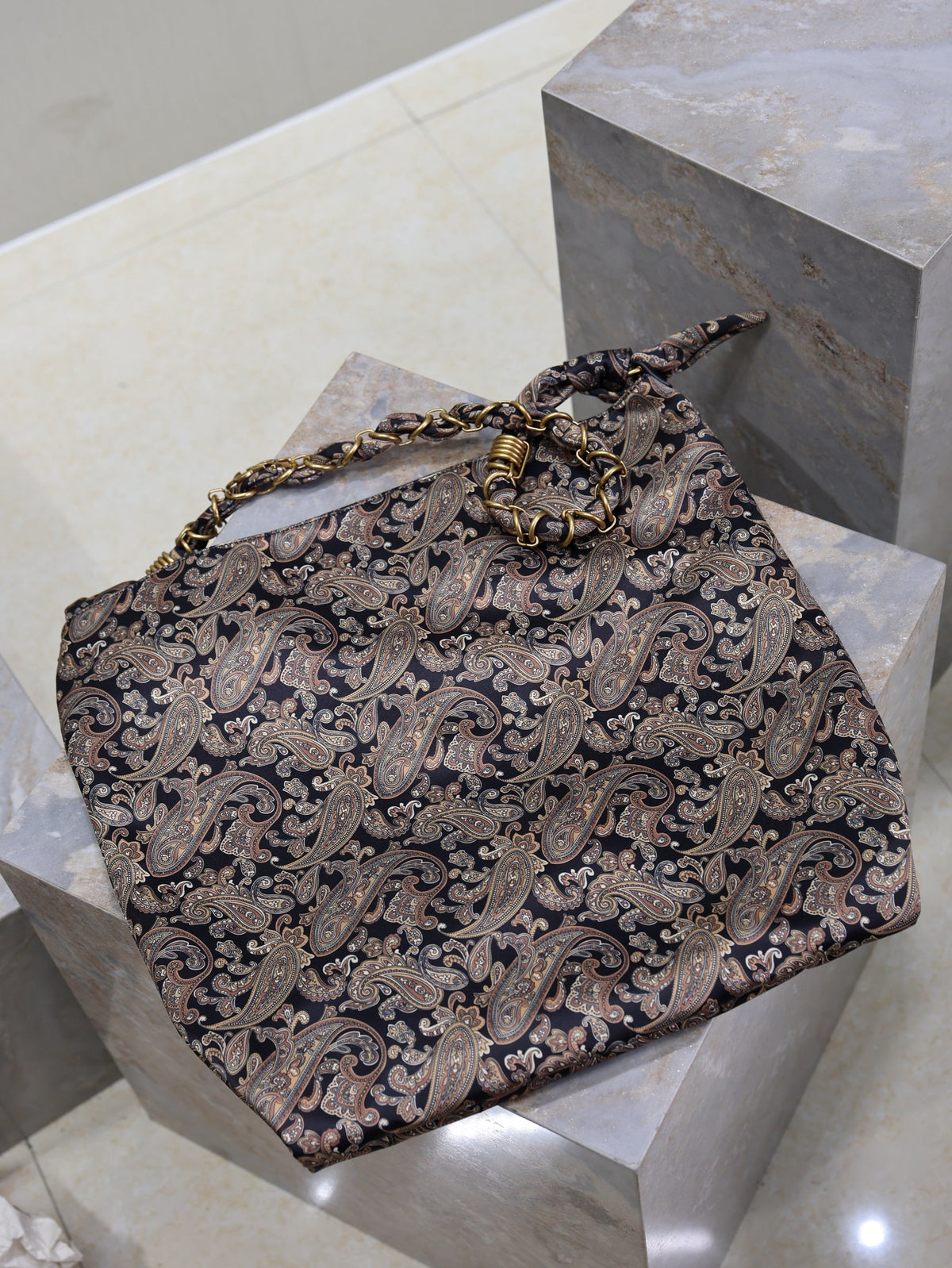 Saint Laurent 25S Amalia 50 in Navy Multicolor Silk Twill Gold Hardware Bag