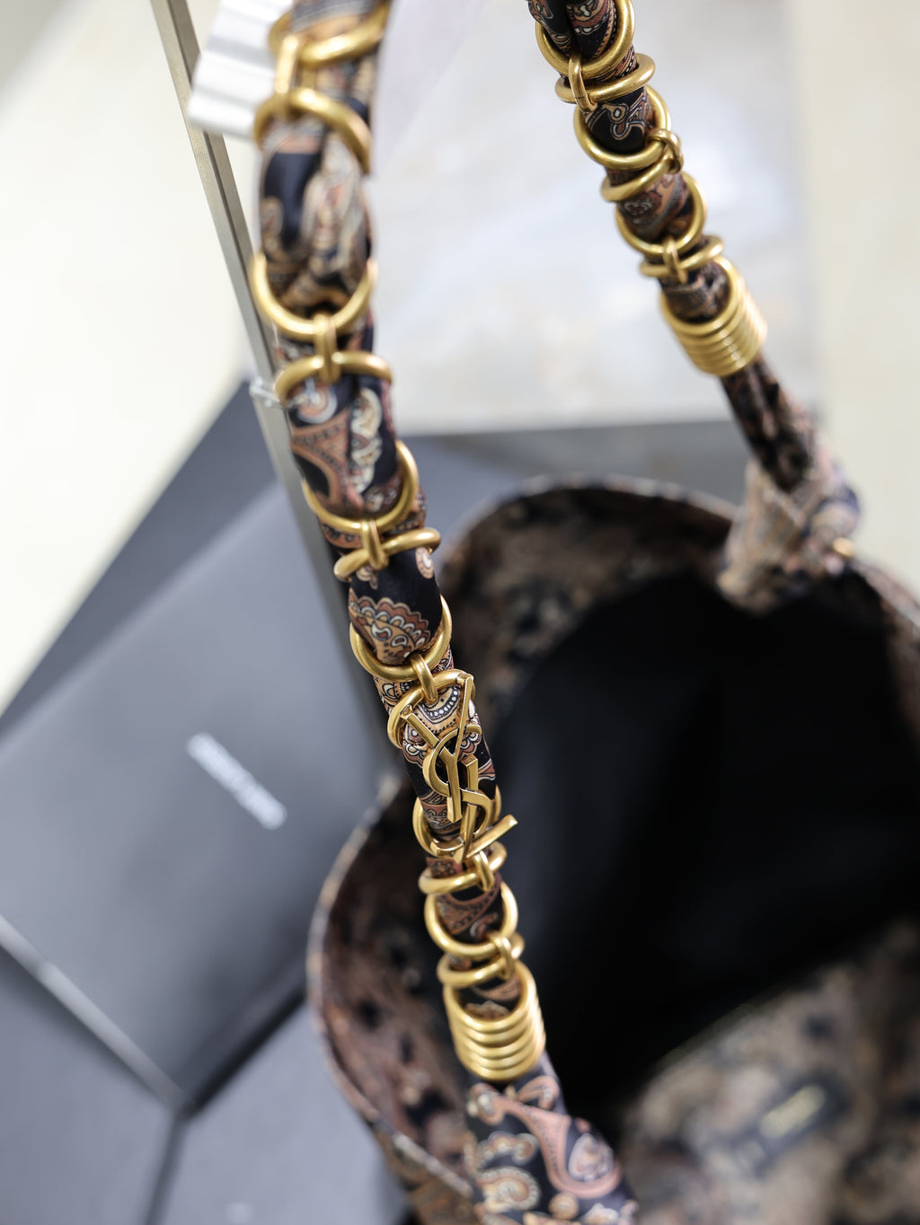 Saint Laurent 25S Amalia 50 in Navy Multicolor Silk Twill Gold Hardwre Bag