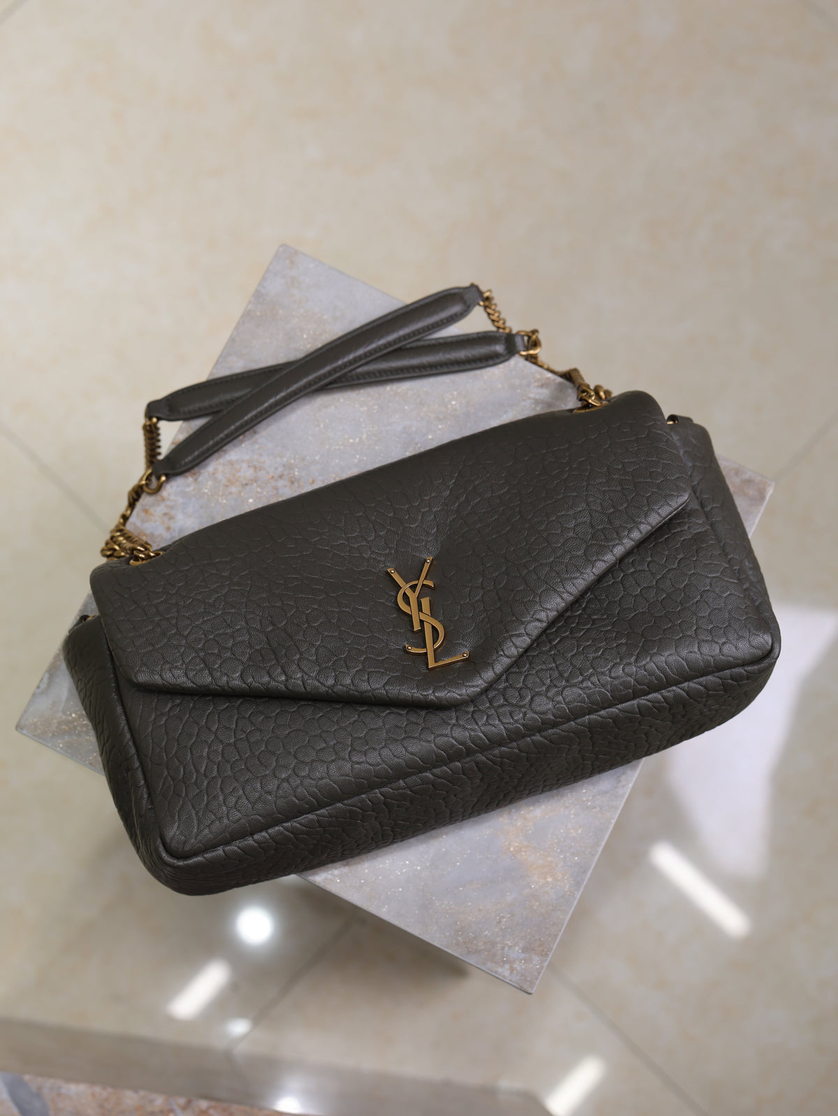Saint Laurent 25S Calypso 30 in Dark Olive Grained Calfskin Gold Hardwre Bag