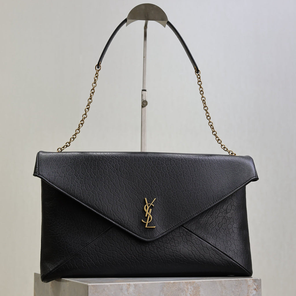 Saint Laurent 25S Cassandre Envelope Messenger 35 in Black Lambskin Gold Hardware Bag