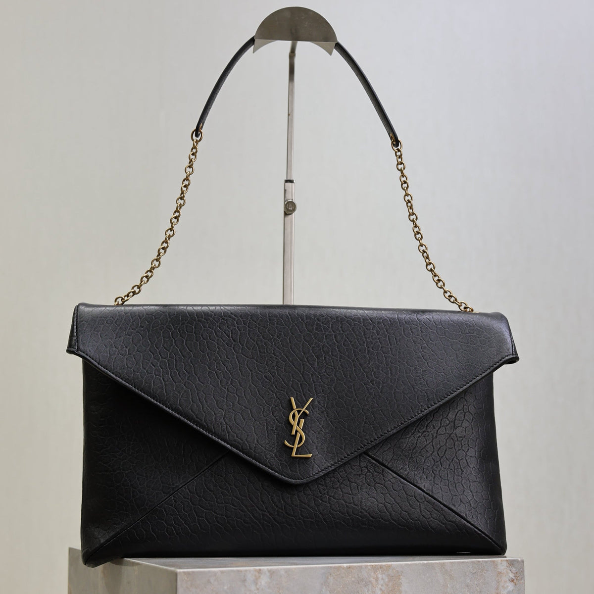 Saint Laurent 25S Cassandre Envelope Messenger 35 in Black Lambskin Gold Hardware Bag