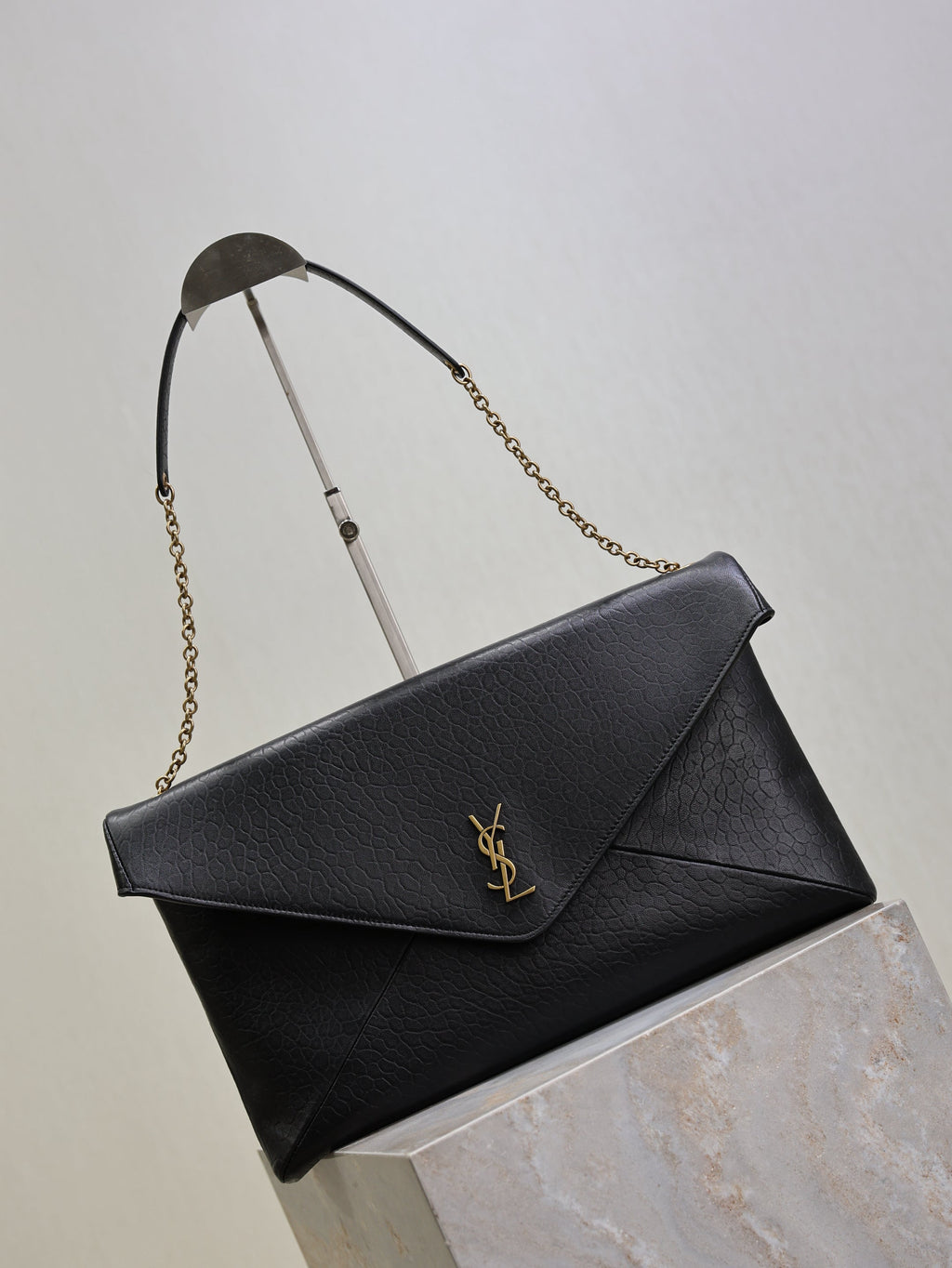 Saint Laurent 25S Cassandre Envelope Messenger 35 in Black Lambskin Gold Hardware Bag