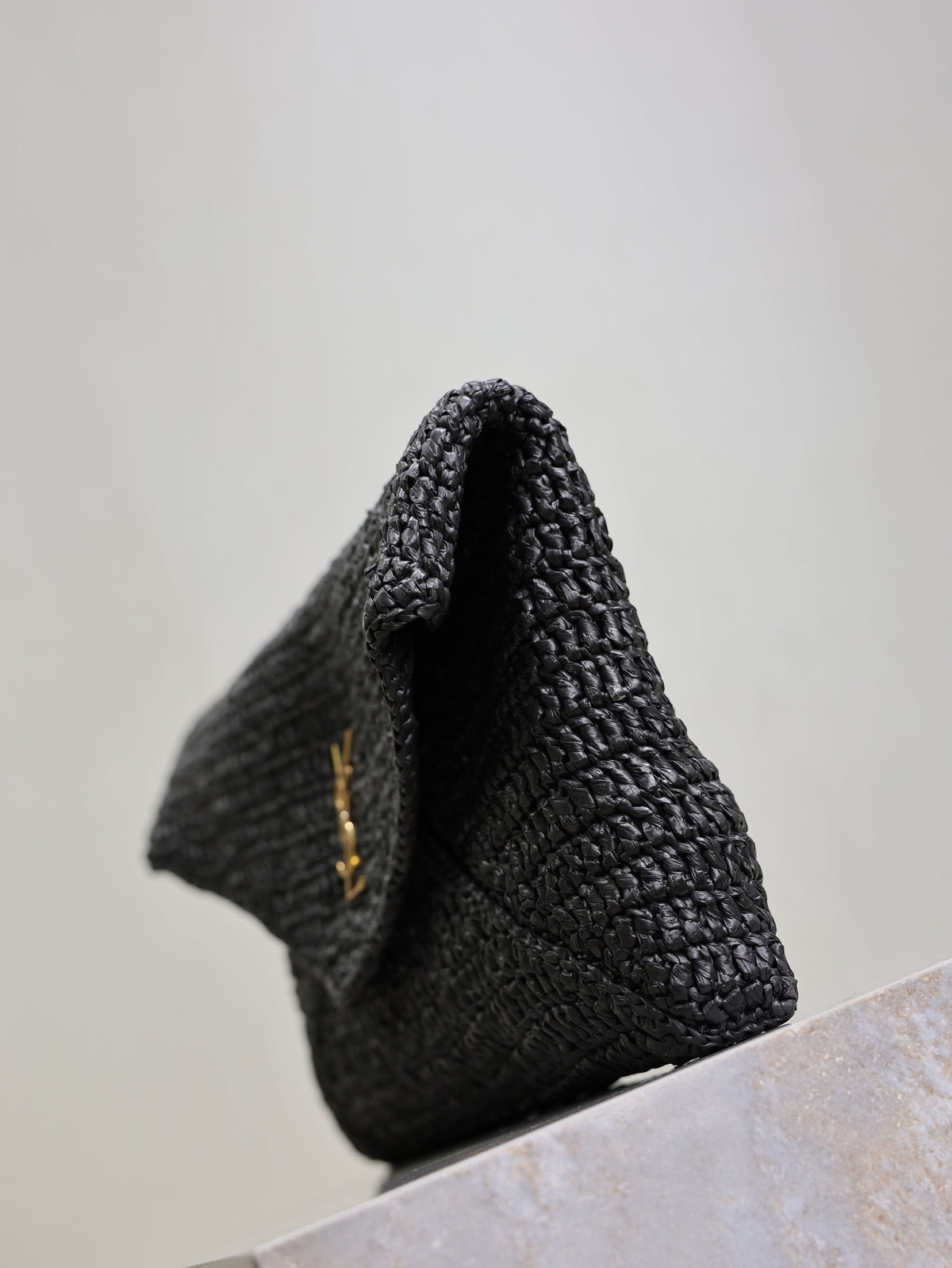 Saint Laurent 25S Cassandre Large Envelope Pouch 29 in Black Raffia Gold Hardware