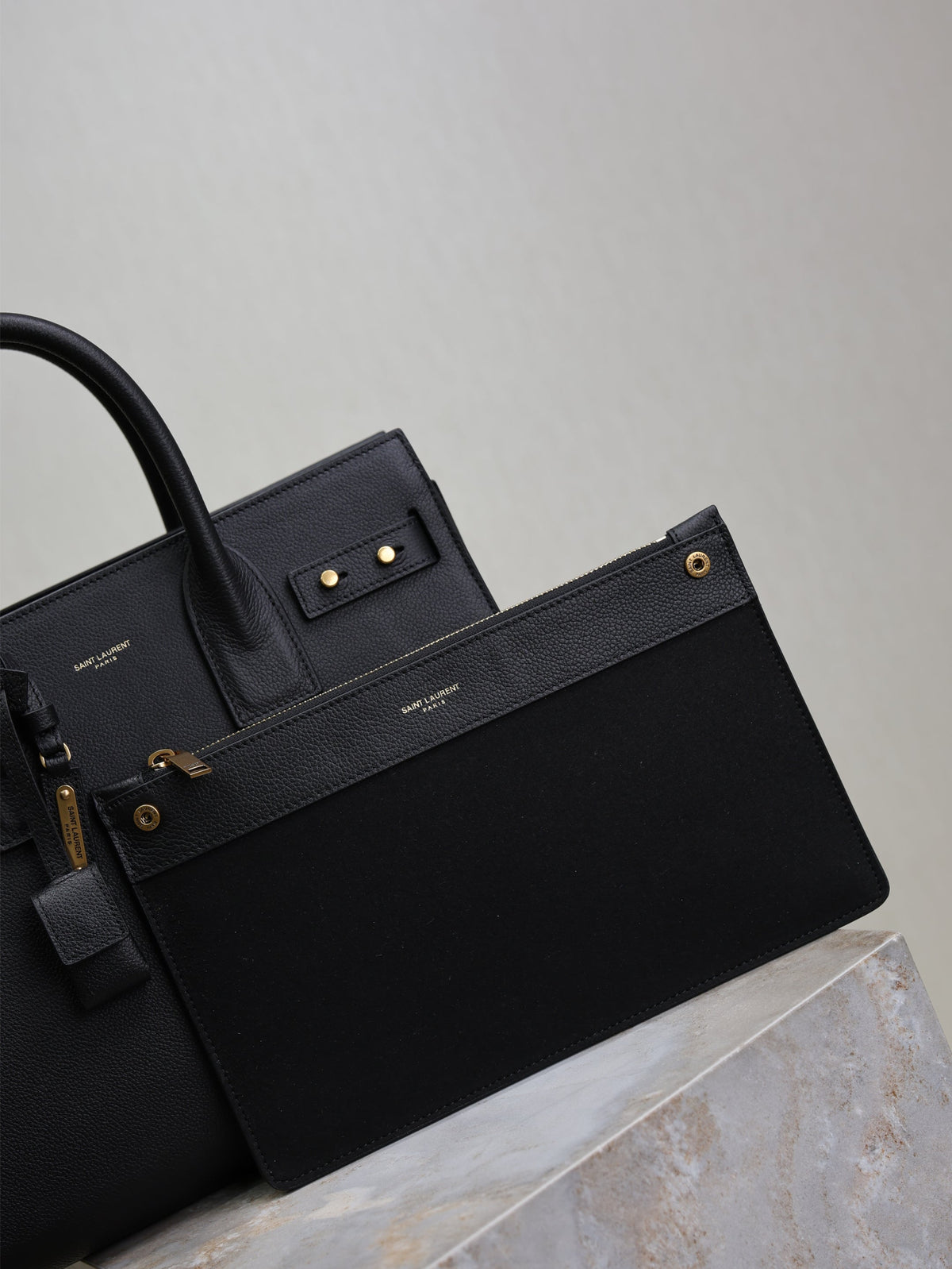 Saint Laurent 25S Sac de Jour GM 32 in Black Supple Grained Calfskin Gold Hardware Bag