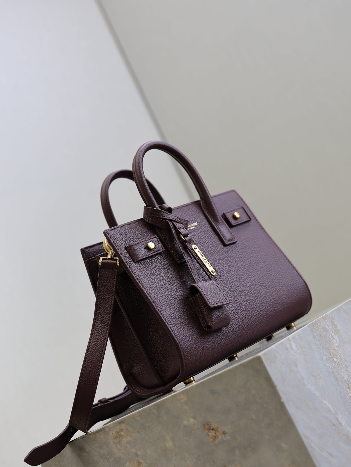 Saint Laurent 25S Sac de Jour 22 in Rouge Cabernet Supple Grained Calfskin Bag