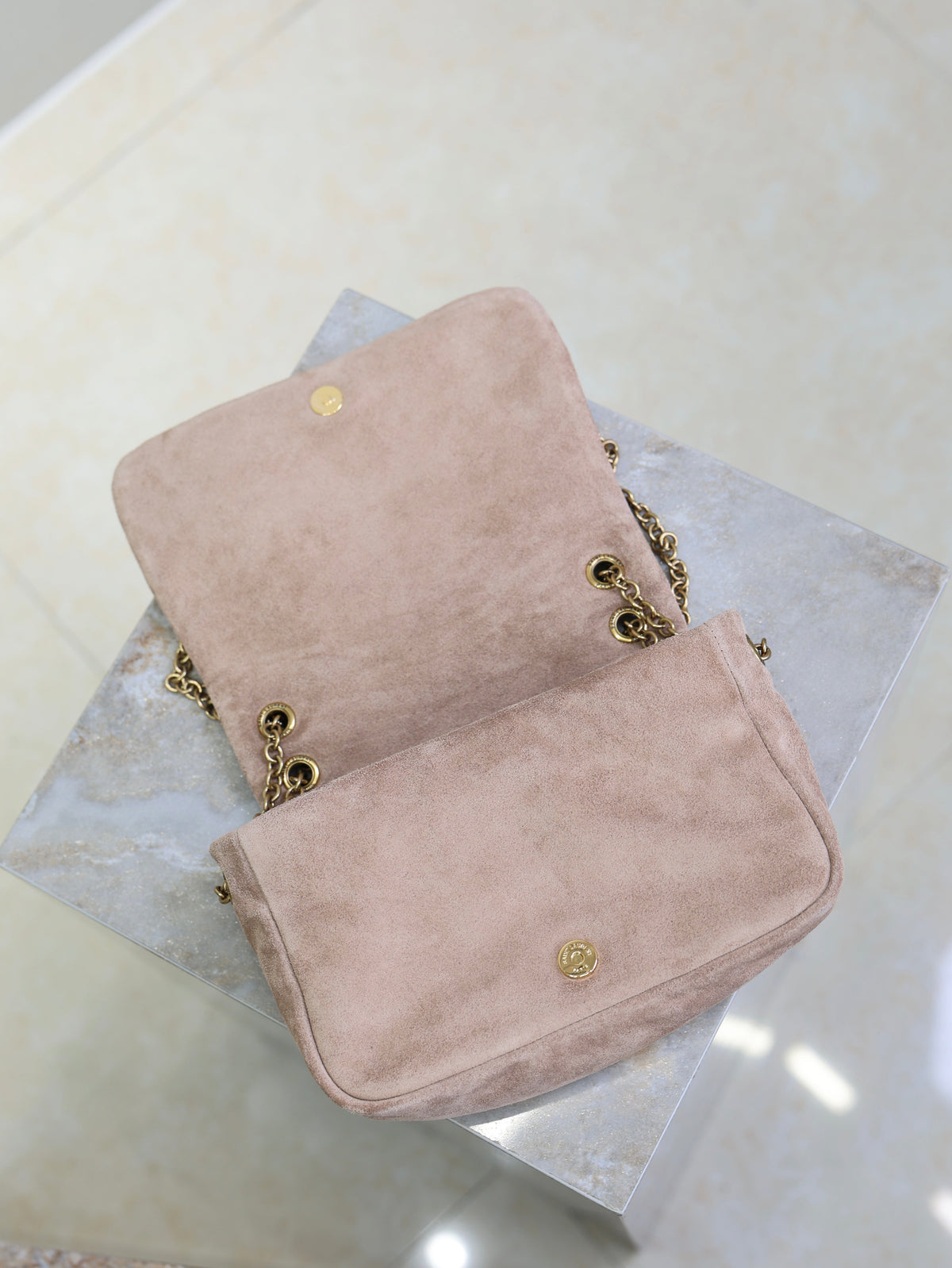 Saint Laurent 25S Jamie 4.3 Mini 20 in Dusty Rose Beige Suede Gold Hardware Bag