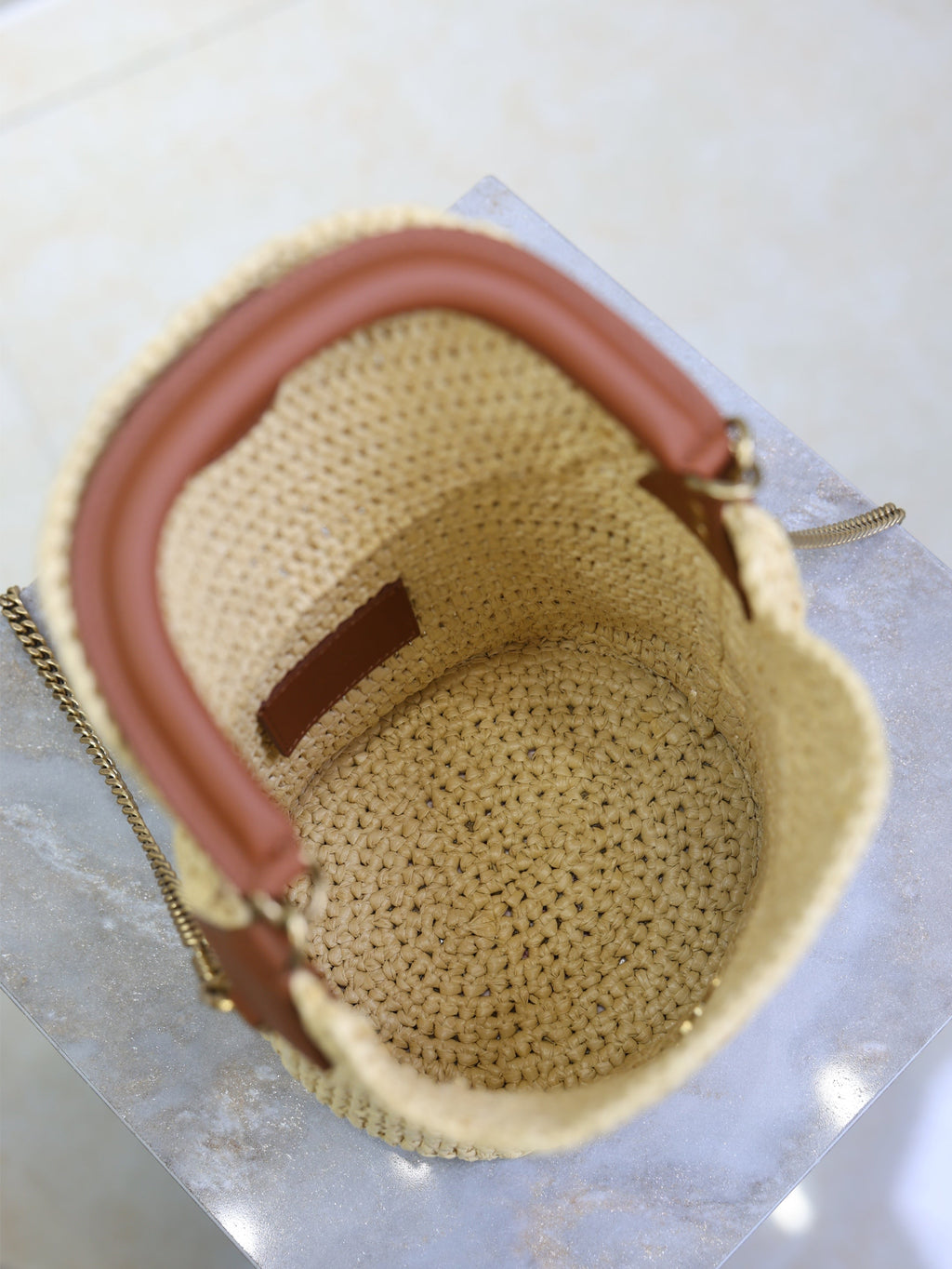 Saint Laurent 25S Gaby Bucket Bag 19 in Raffia and Calfskin Gold Hardware