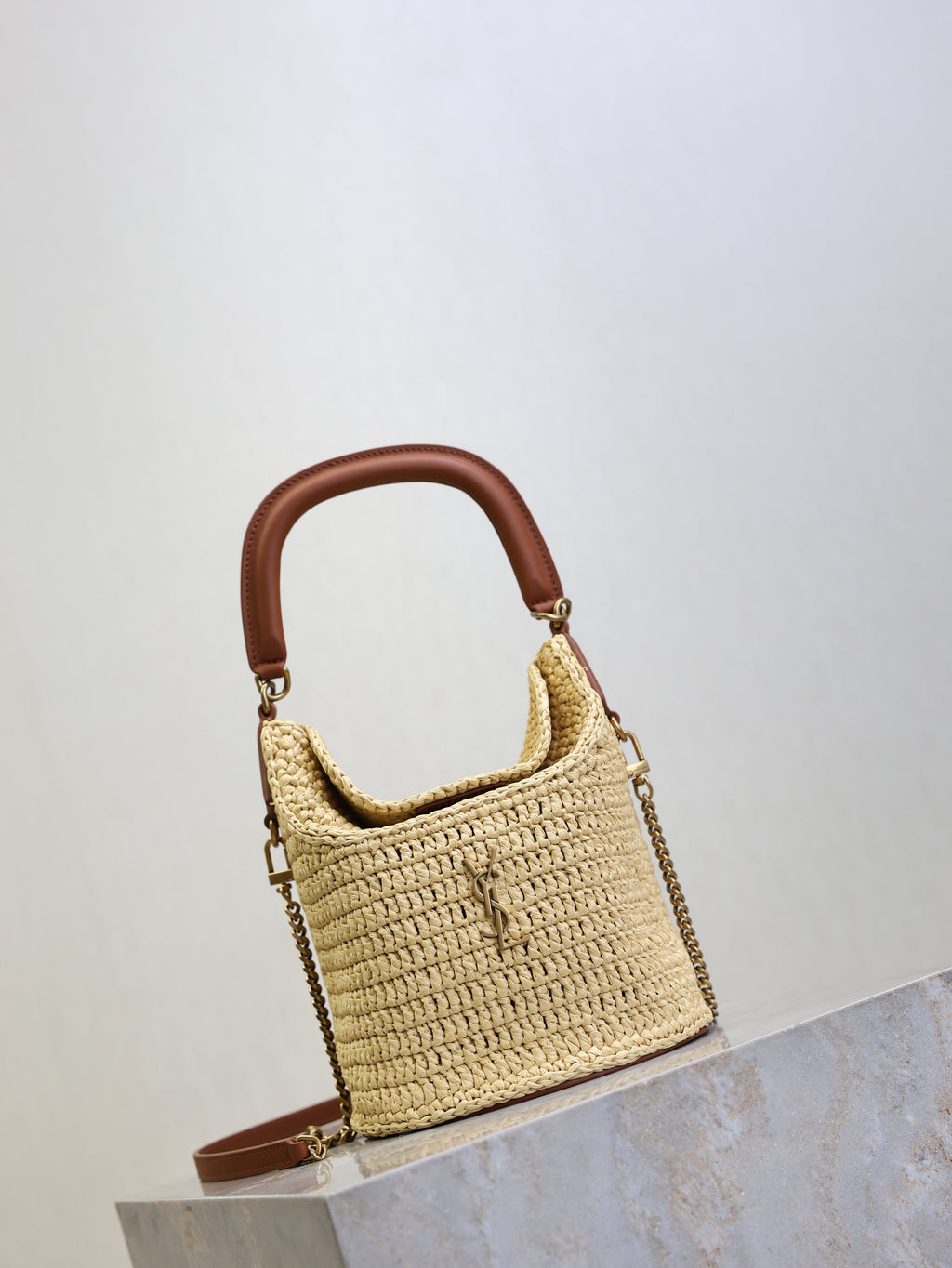 Saint Laurent 25S Gaby Bucket Bag 19 in Raffia and Calfskin Gold Hardware