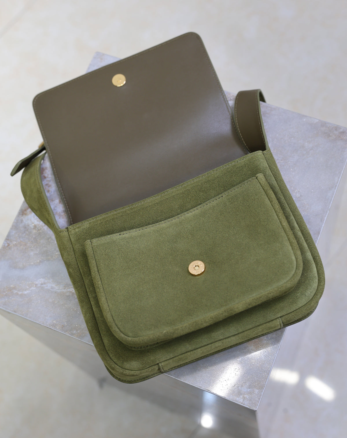 Saint Laurent 25S Niki Satchel 22 in Barley Green Suede Gold Hardwre