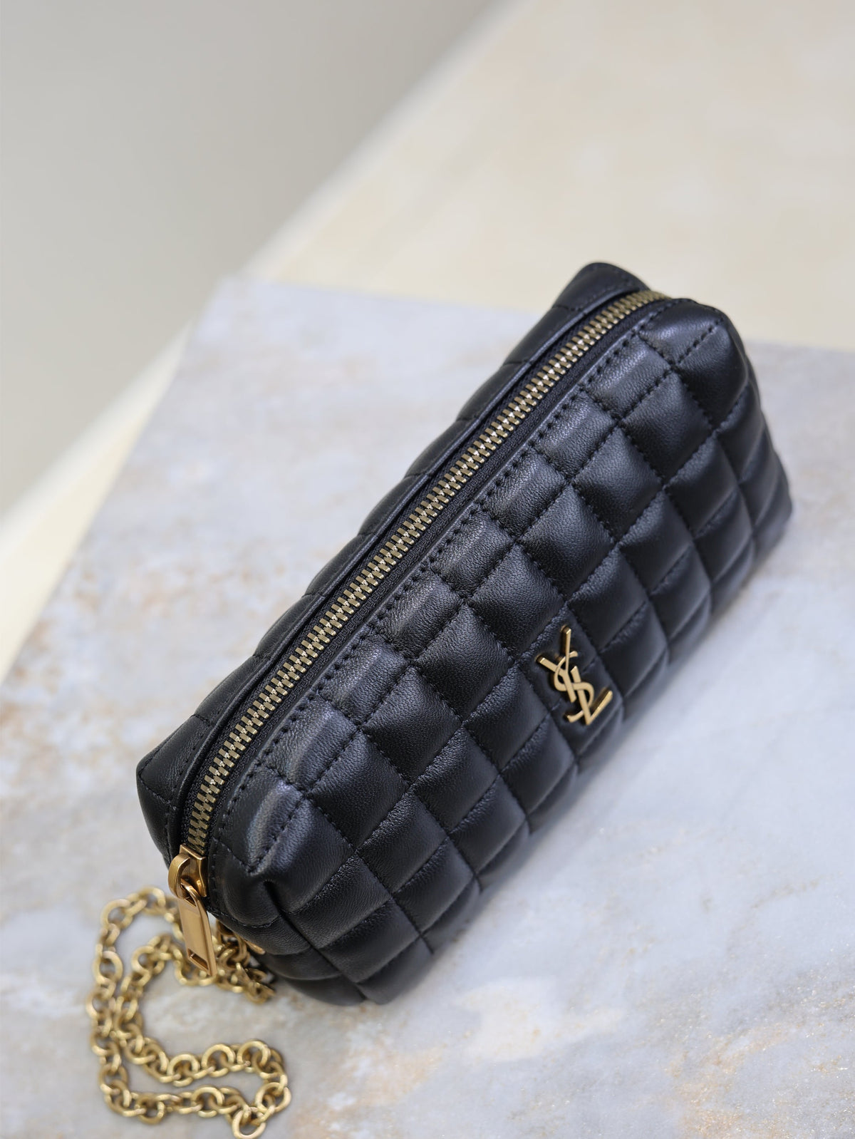 Saint Laurent 25S Cassandre Matelassé Carré Pouch On Chain 18 in Black Lambskin