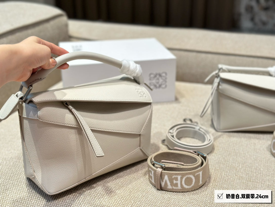 Loewe Medium 24 Puzzle Bag in White Grained Calfskin