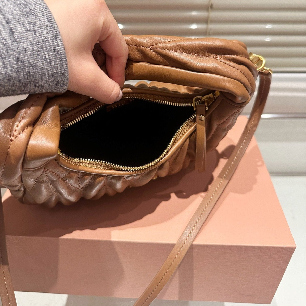 Wander Matelassé Nappa Hobo Bag 23 in Caramel Brown Lambskin