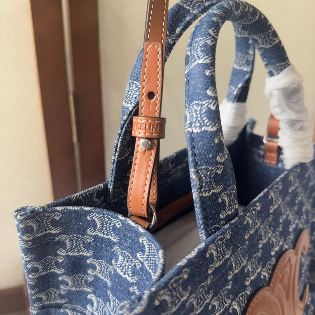 Celine Small Cabas Thais 25 in Bayoux Blue Triomphe Denim and Bronze Brown Calfskin Bag