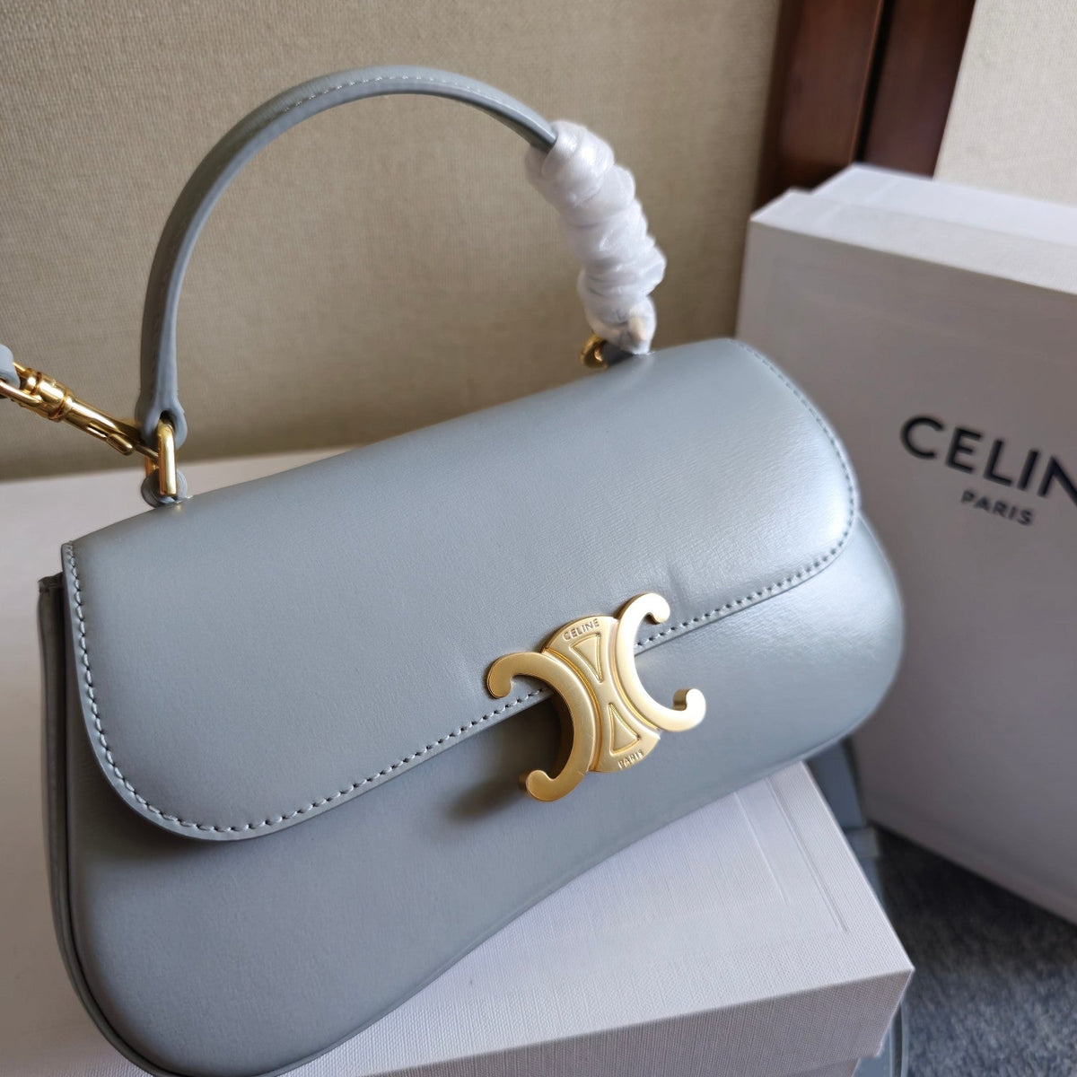 Celine Teen Lola Triomphe Bag 20 in Cool Gray Blue Calfskin