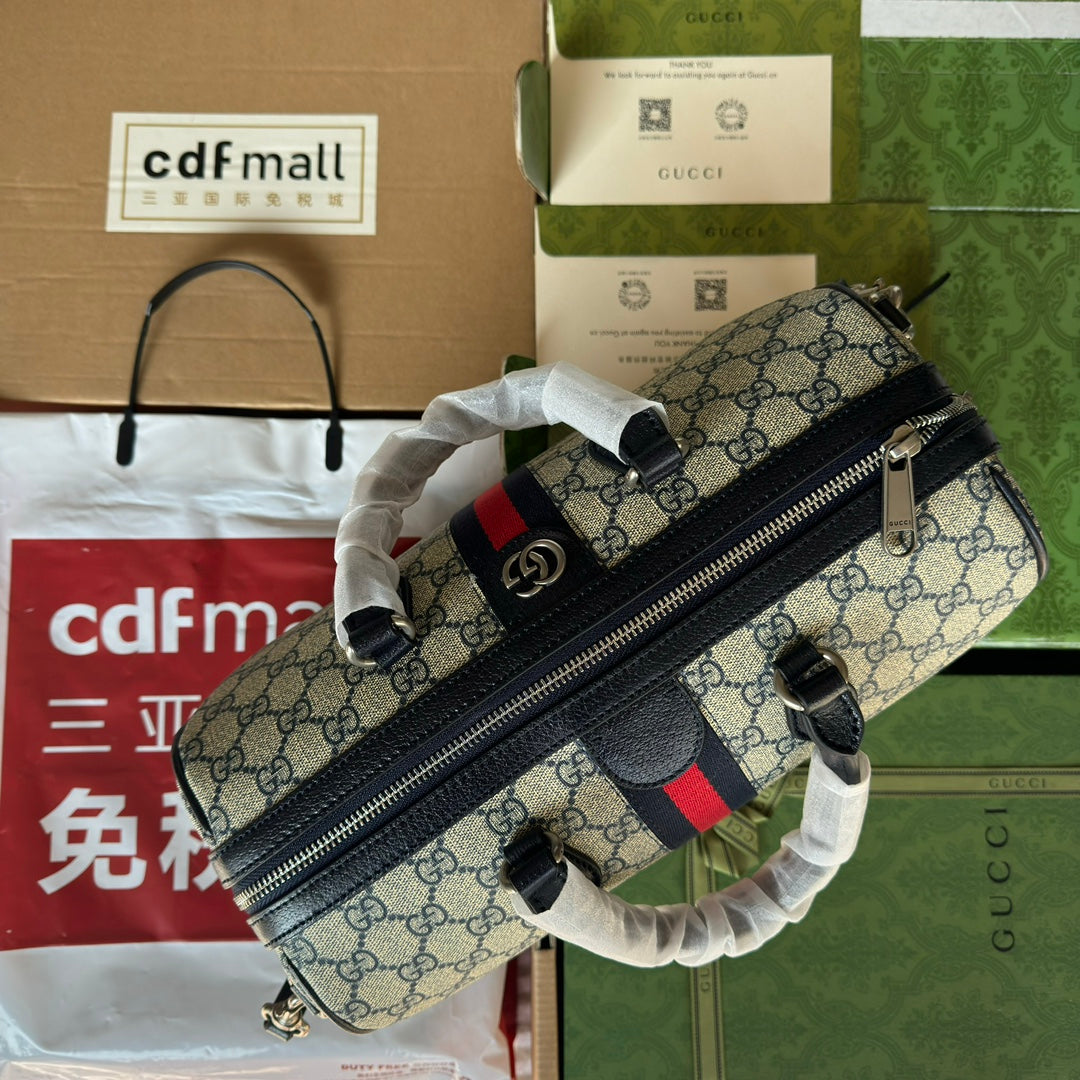 Gucci Ophidia Large Boston Bag 31 in Beige and Blue Calfskin
