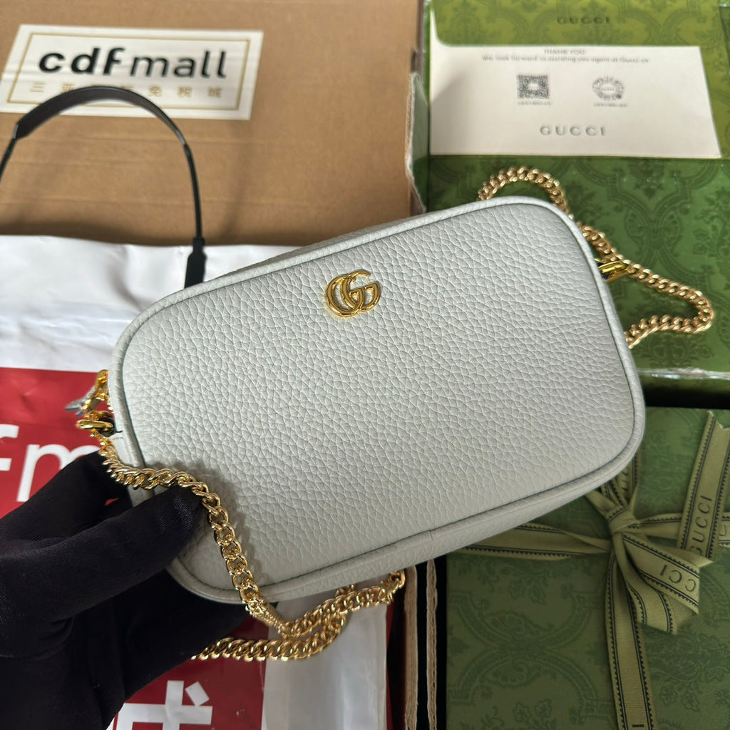 Gucci Marmont Mini Shoulder Bag 18 in Light Gray Calfskin Gold Hardware