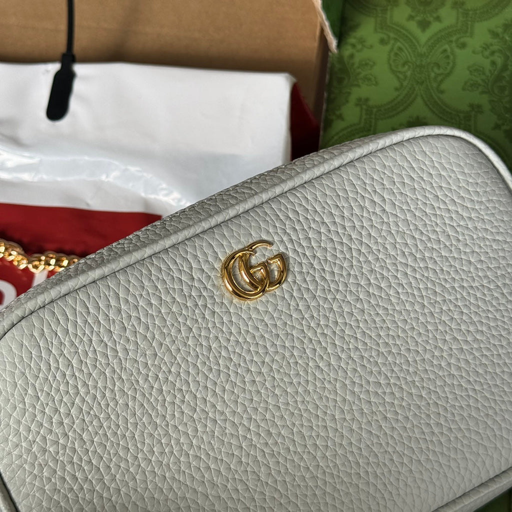 Gucci Marmont Mini Shoulder Bag 18 in Light Gray Calfskin Gold Hardware