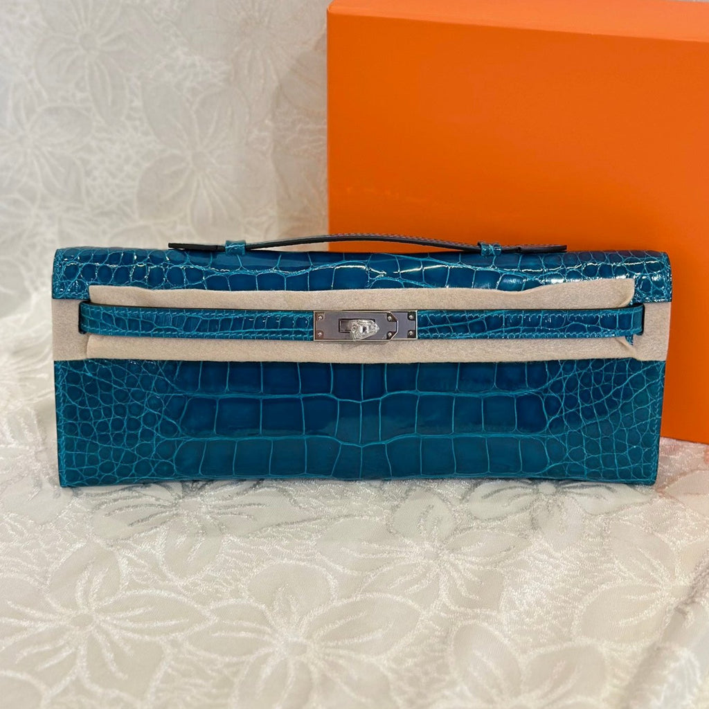 Hermes Kelly Cut 31 in Classic Blue Shinny Alligator Leather with Silver Hardware Bag