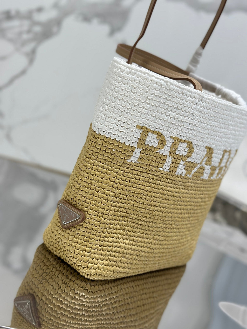 Prada Small Tote Bag 27 in White Mix Beige Raffia and Brown Calfskin Handle