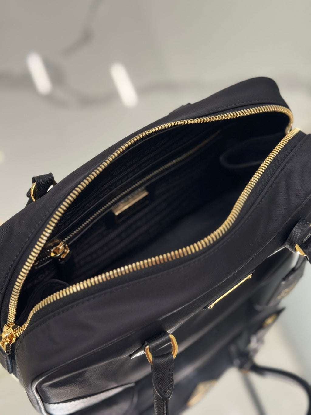 Prada Medium Top Handle Bag 30 in Black Nylon and Calfskin Trim