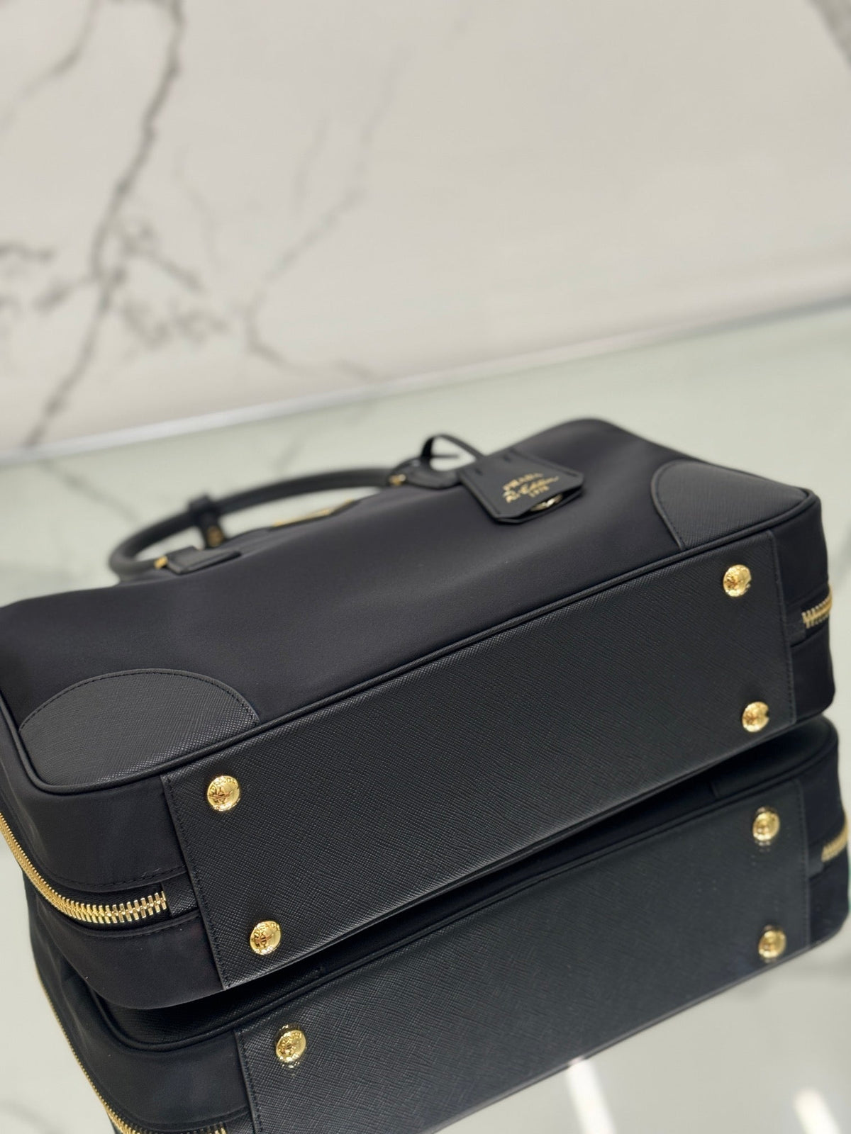 Prada Large Top Handle Bag 35 in Black Nylon and Calfskin Trim