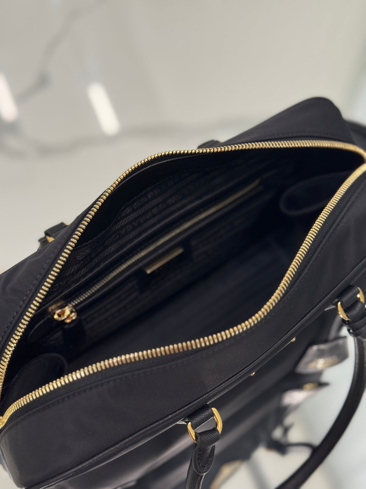 Prada Large Top Handle Bag 35 in Black Nylon and Calfskin Trim