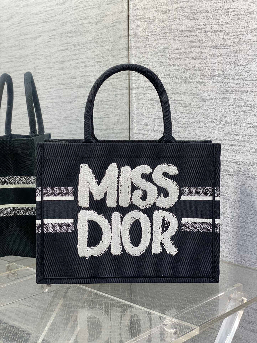 Dior Medium Book Tote 36 in Black Mix White Canvas 226507