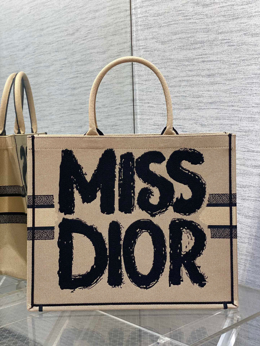 Large Book Tote 42 Beige and Black Miss Dior Graffiti Embroidery