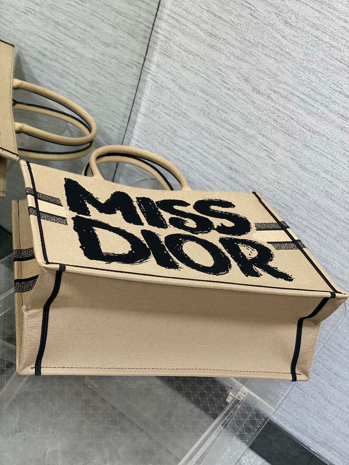 Large Book Tote 42 Beige and Black Miss Dior Graffiti Embroidery