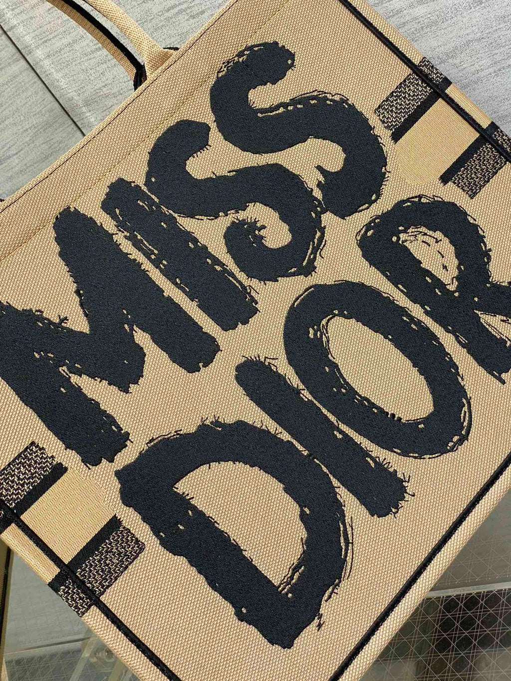Large Book Tote 42 Beige and Black Miss Dior Graffiti Embroidery