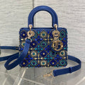 Dior Mini 20 Lady Bag in Cobalt Blue Satin with Colorful Embroidered Beadwork