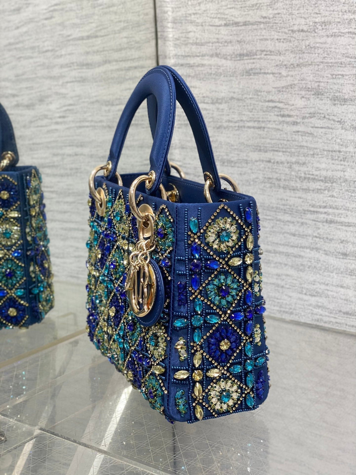 Dior Mini 20 Lady Bag in Cobalt Blue Satin with Colorful Embroidered Beadwork