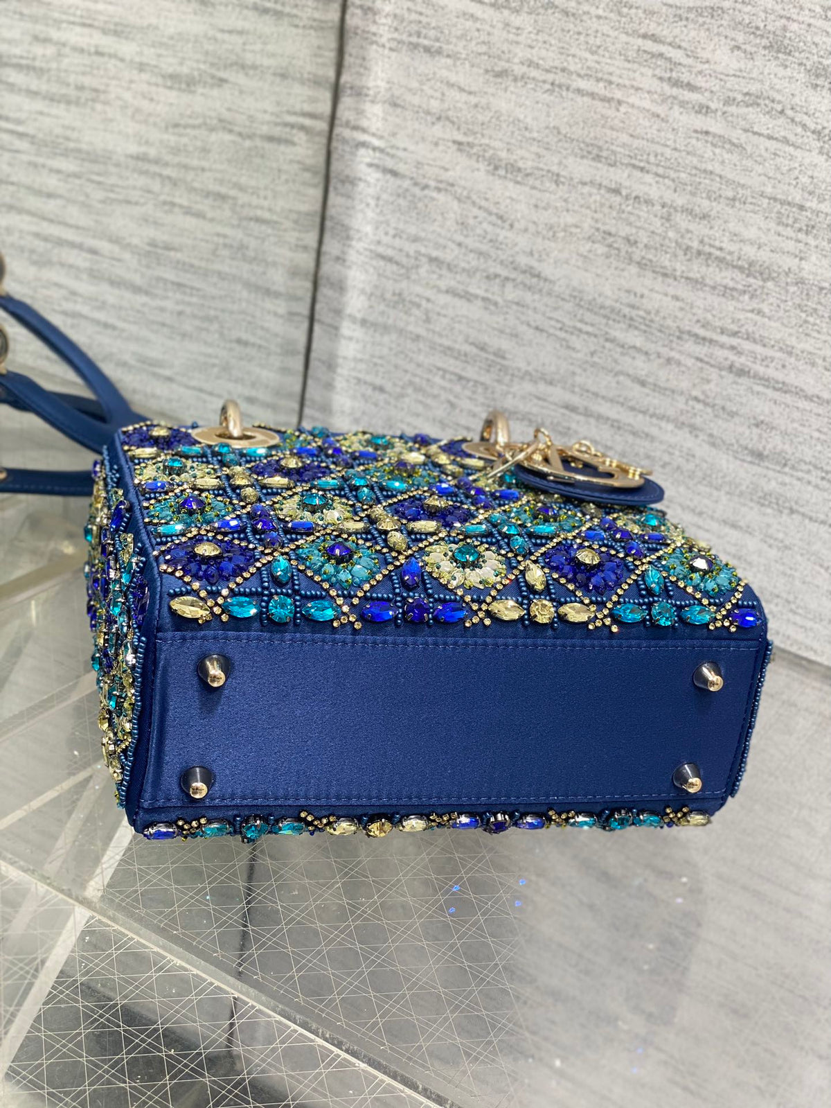 Dior Mini 20 Lady Bag in Cobalt Blue Satin with Colorful Embroidered Beadwork
