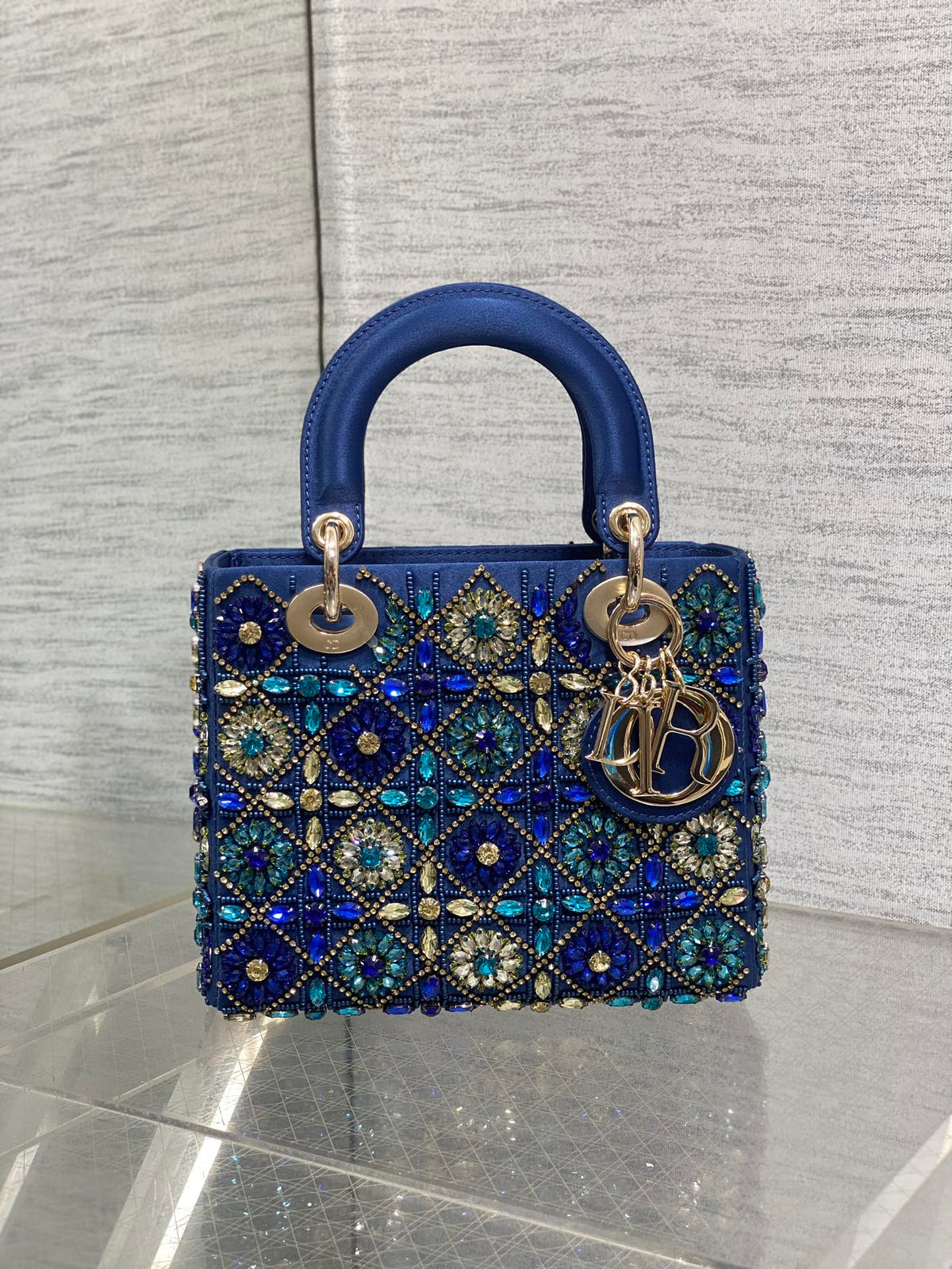 Dior Mini 20 Lady Bag in Cobalt Blue Satin with Colorful Embroidered Beadwork