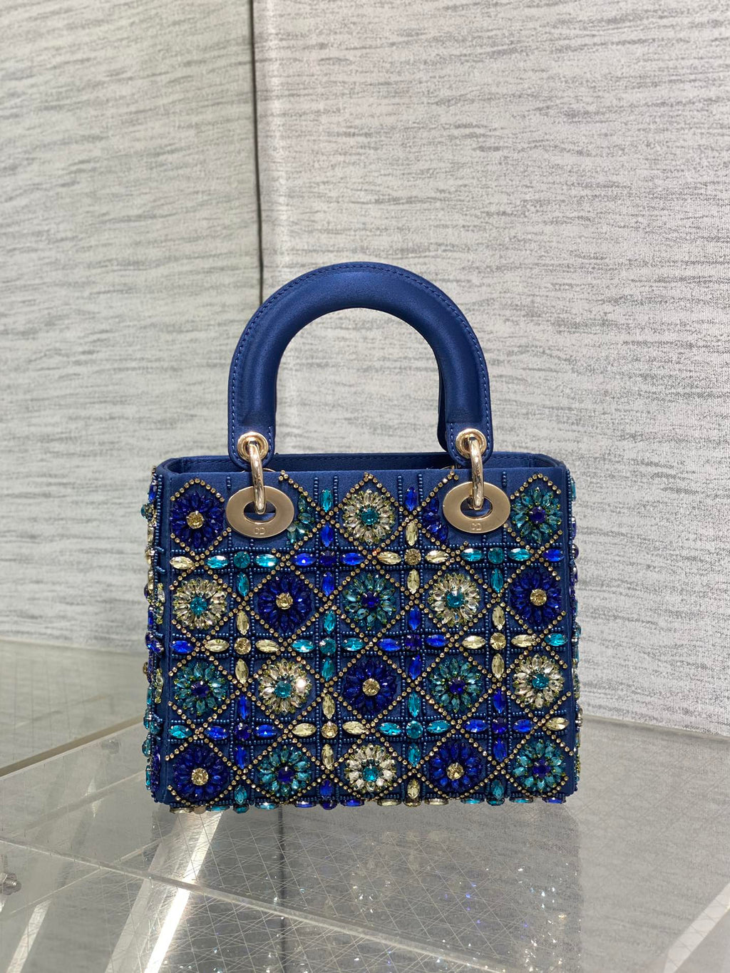 Dior Mini 20 Lady Bag in Cobalt Blue Satin with Colorful Embroidered Beadwork