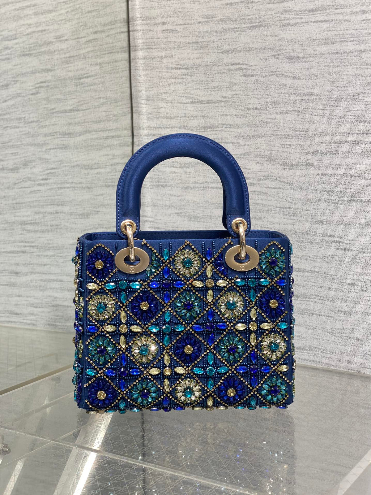 Dior Mini 20 Lady Bag in Cobalt Blue Satin with Colorful Embroidered Beadwork