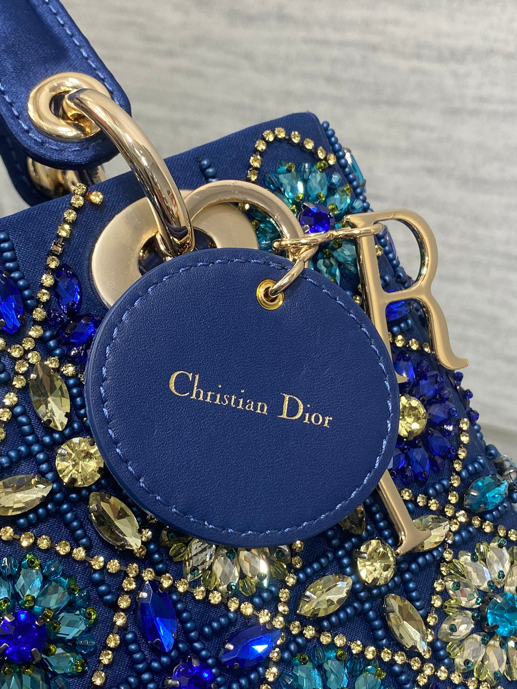 Dior Mini 20 Lady Bag in Cobalt Blue Satin with Colorful Embroidered Beadwork